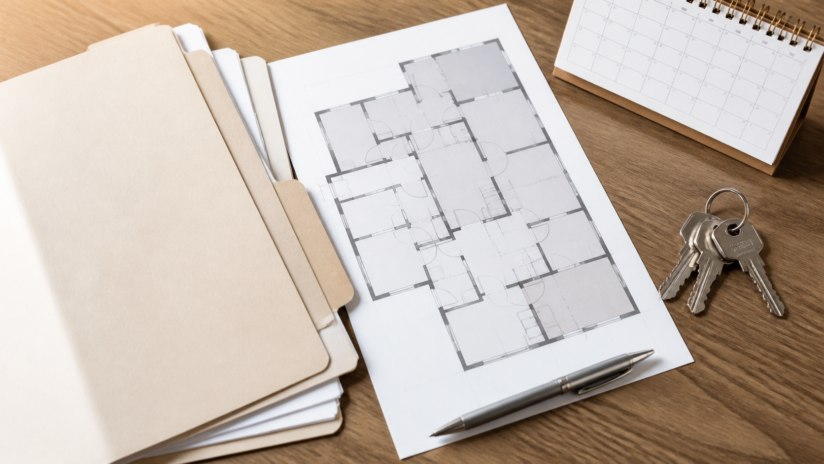 Commercial lease records, floor plan, calendar, and keys on a desk